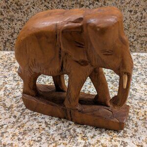 Vintage Small Wooden Elephant – Hand Carved, 5" Tall, Missing One Tusk